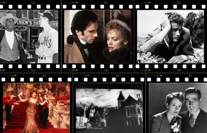 Stills of films adapted from Library of America books. Clockwise from top left: Intruder in the Dust (1949), The Age of Innocence (1993), East of Eden (1955), The Maltese Falcon (1941), The Haunting (1963), and Hello, Dolly! (1969)