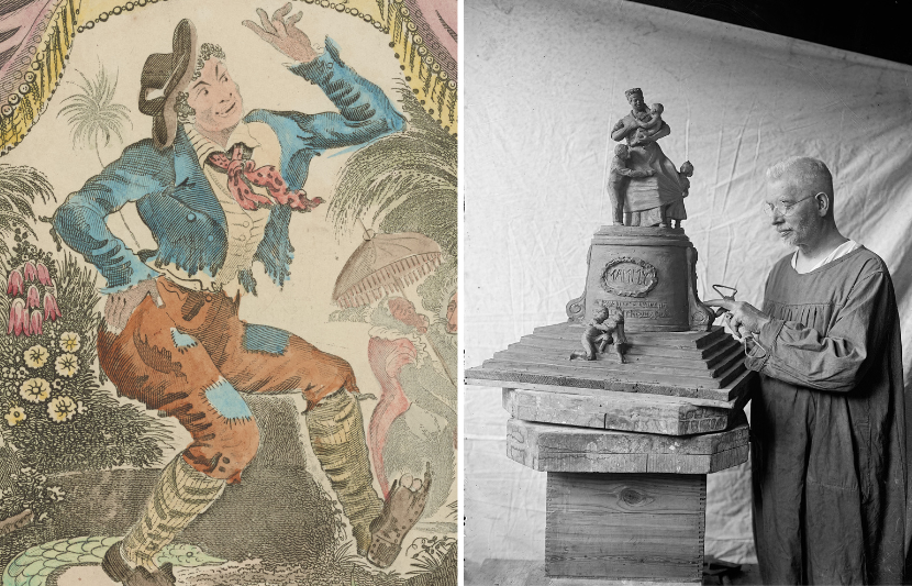 Illustration of the Jim Crow character and photo of a sculptor posing with a proposal for a “mammy memorial” (Public Domain)