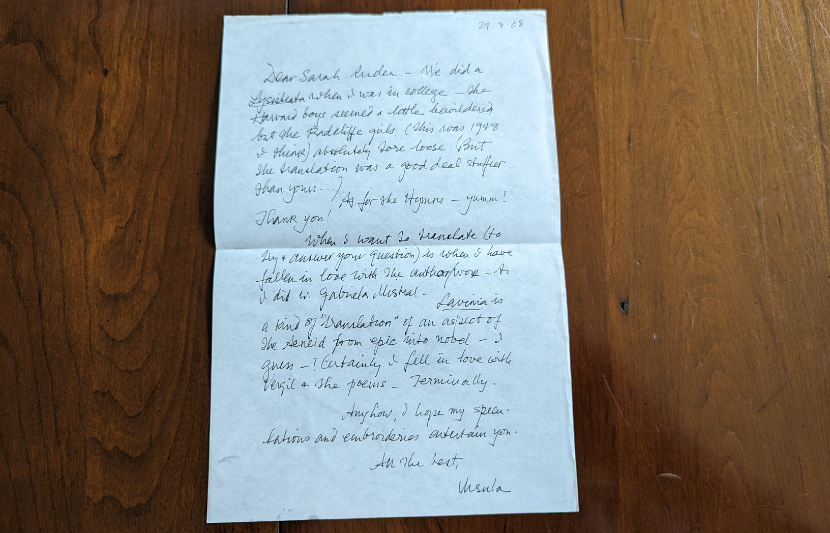 Letter from Ursula K. Le Guin to Sarah Ruden