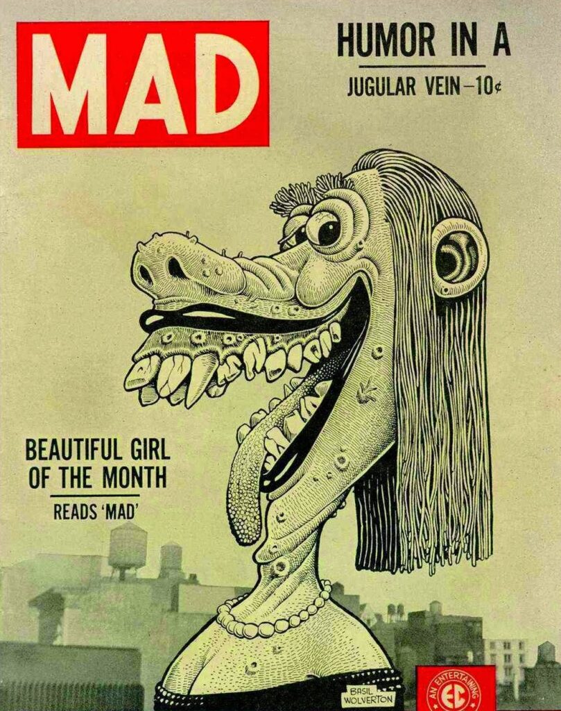 “Beautiful Girl of the Month” cover by Basil Wolverton (<em>MAD</em>, No. 11, 1954)