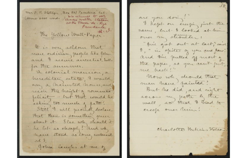 Handwritten manuscript pages of “The Yellow Wall-Paper” by Charlotte Perkins Gilman