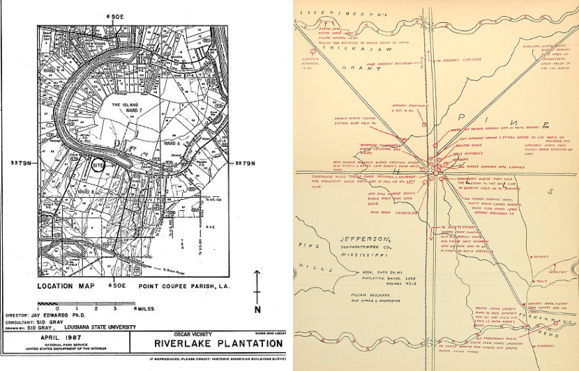 Map of Riverlake Plantation in Louisiana and map of Faulkner's Yoknapatawpha County